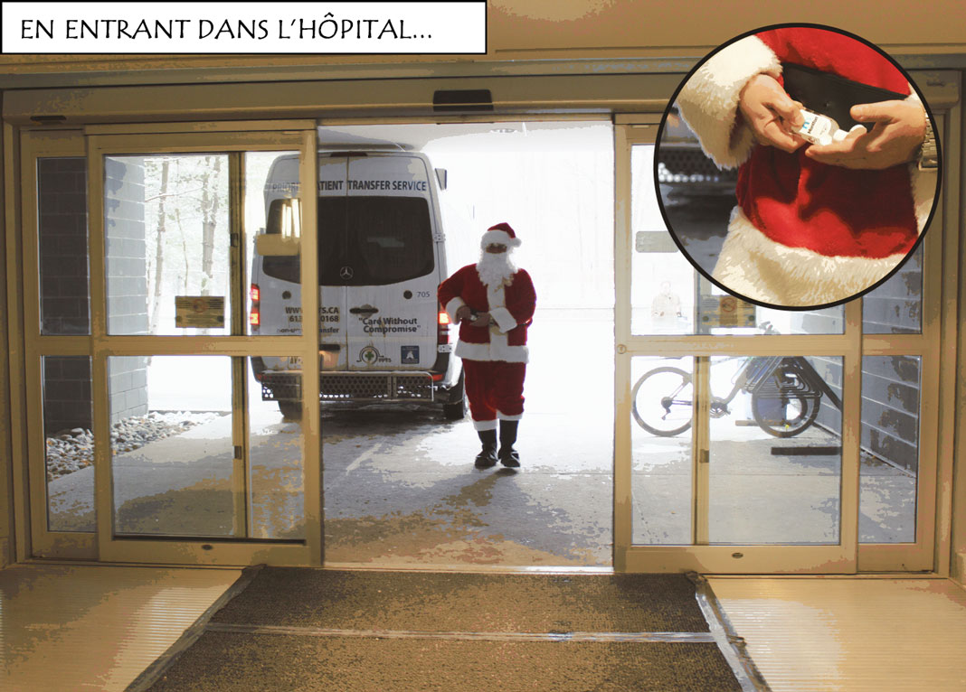 Père Noël qui entre dans l'hôpital et se lave les mains 