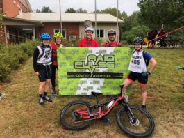 5 adultes devant une bannière en équipement sportif