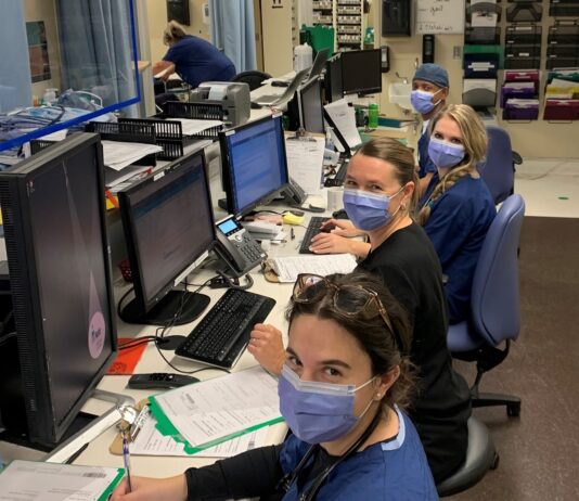 Quelques travailleurs de la santé, masqués, travaillant à l'ordinateur