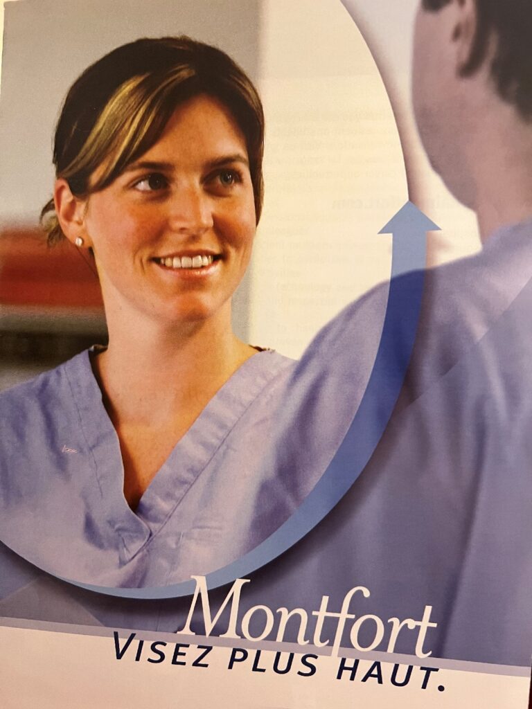 Photo d'une page de journal faisant du recrutement pour Monfort, illustré avec une photo de Mélanie Dubé